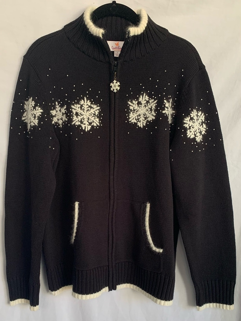 Quacker Factory Black Zip Sweater with White Snowflake Accents